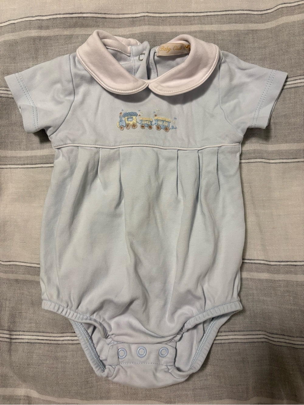 Baby Club Chic Light Blue Collared Bubble with Embroidered Train 0-3M